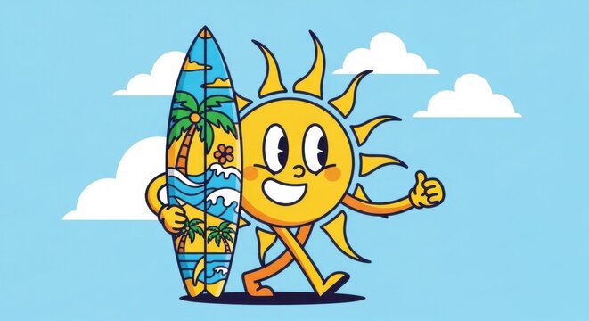 summer fun sun character holding surfboard under blue sky