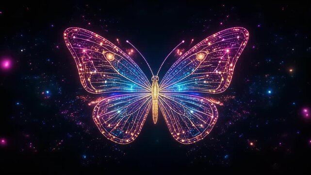 Glowing digital butterfly with multicolored neon light wings on black background