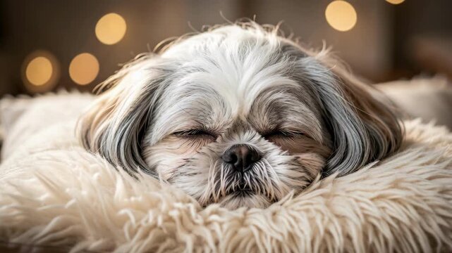 Sleepy Shihtzu Resting On Fluffy Blanket.