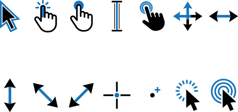 Mouse cursor and user interface pointer vector icon set with diverse click arrow hand and loading elements
