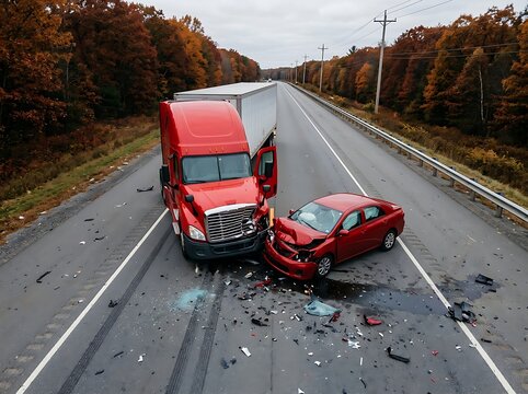 Severe traffic accident between red semi-truck and sedan with heavy front-end damage on wet road surface.