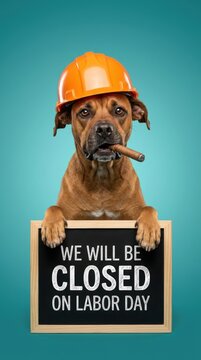 Funny dog wearing an orange construction hard hat and smoking a cigar holding a chalkboard sign that says we will be closed on labor day