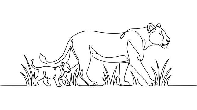 Lioness and Cub Walking in Grass, Single Line Drawing, Isolated