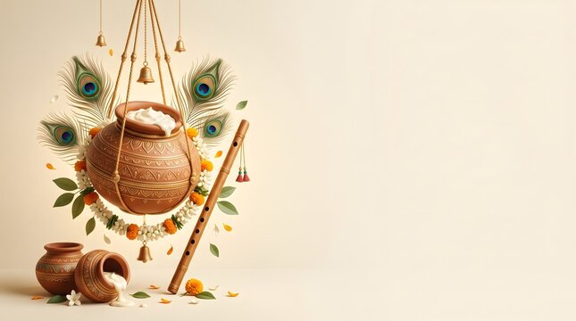 Krishna janmashtami celebration background with hanging dahi handi with peacock feathers marigold
