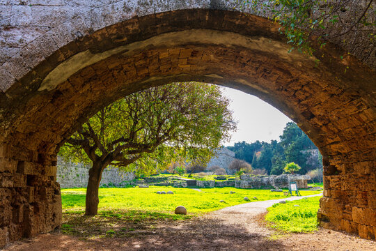 Vaulted stone entrance tunnel, called Krypte, of ancient stadium of Olympia in the western Peloponnese of Greece
