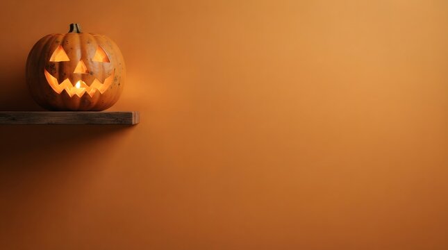 Illuminated jack o lantern on a wooden surface with a warm orange background