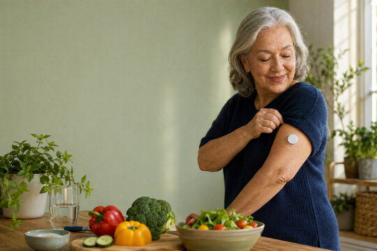 Senior woman with continuous glucose monitor beside fresh vegetables