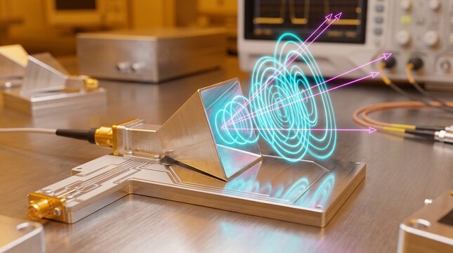 Microwave Horn Antenna Emitting Electromagnetic Waves In Laboratory Concept