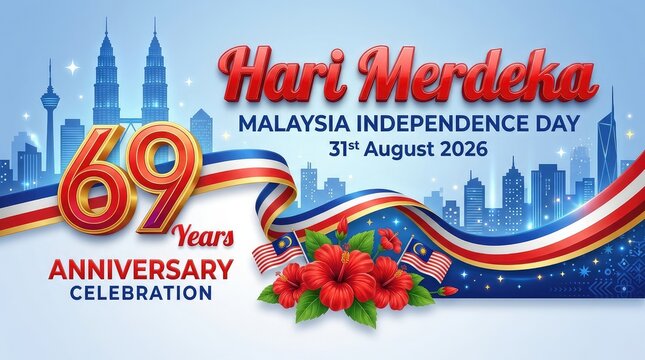 Hari Merdeka Malaysia Independence Day 31st August 2026 69 Years Anniversary ribbon banner