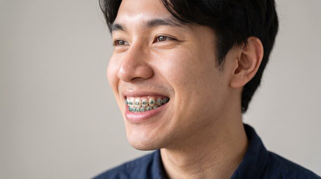 Young Asian man smiles genuinely, showcasing his modern dental braces. This portrait highlights successful orthodontic treatment and a confident lifestyle.