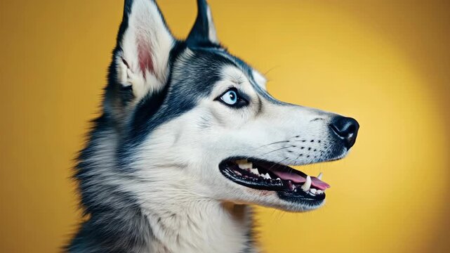 A close-up portrait of a dog with a wolf-like appearance. The dog is looking to the right of the frame. Its mouth is open and it appears to be panting. The background is a soft, pastel yellow.