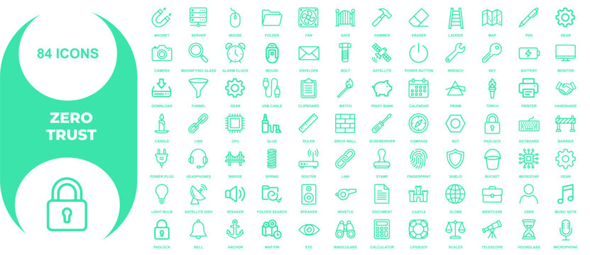 Set of eighty four essential line style icons for security and internet technology user interface