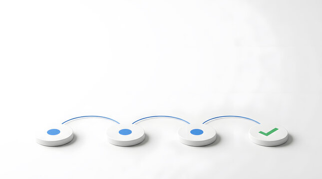 A sequence of four circular icons representing a business process workflow with a final checkmark completion symbol