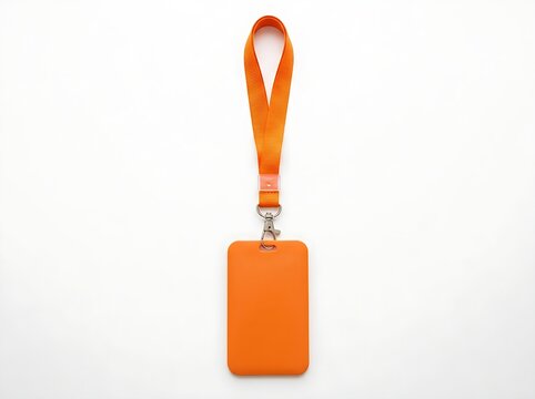Blank orange employee ID badge holder hanging from an orange neck lanyard in a studio product photo.
