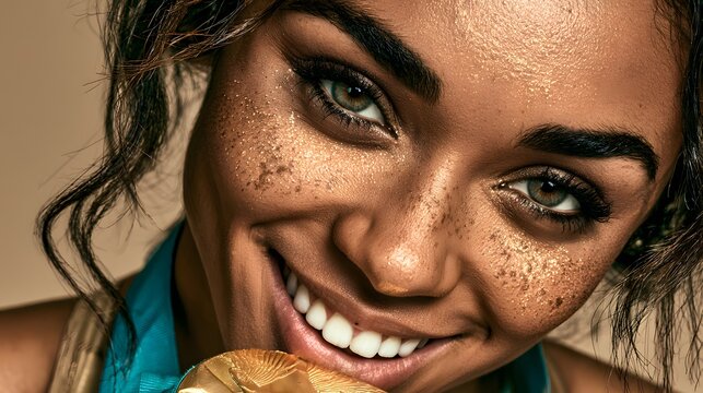 Freckles dot her face as she smiles broadly