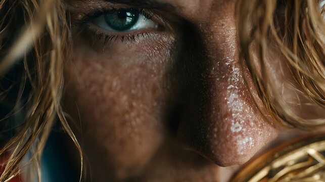 Face close-up showing blue eye, freckles, and light brown hair