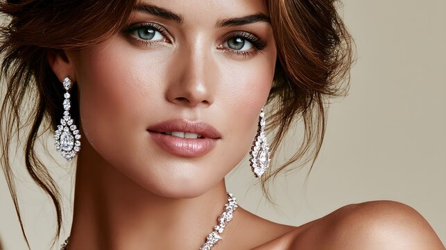 Woman's close-up with diamond earrings and necklace