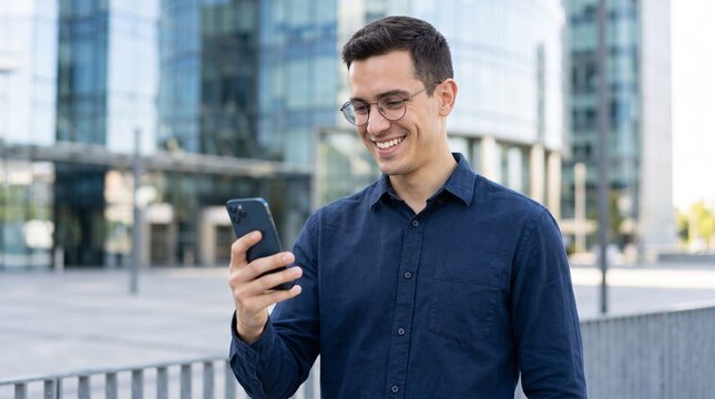 Smiling professional man using a smartphone outside a modern glass office building
