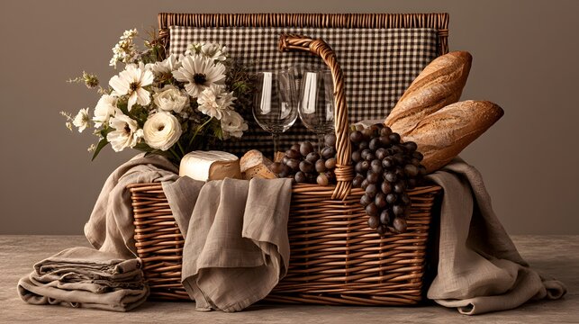 Wicker picnic basket sits on a wooden surface