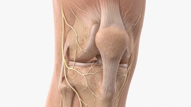 Detailed anatomical model of human knee joint structure with bones and nerves