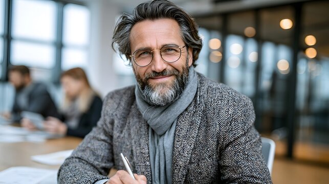 Middle-aged man writes with a pen at a table