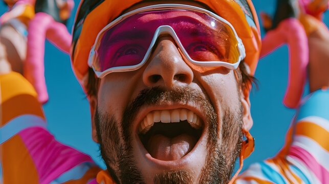 Close-up of smiling man wearing bright orange helmet and pink-tinted goggles
