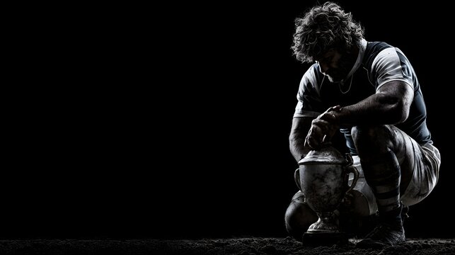 Dark background features a rugby athlete crouched with a ball