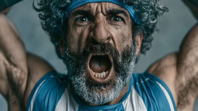 Muscular man with curly gray hair yells intensely