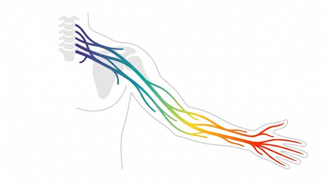 Color-coded diagram of human arm nerve distribution from shoulder to hand