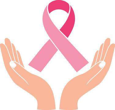 Human hands holding pink awareness ribbon concept for breast cancer support and health programs.