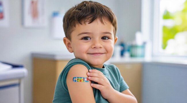 Brave young boy smiling with adhesive bandage on his arm