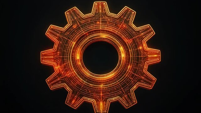 Glowing orange digital gear with circuit patterns on a black background