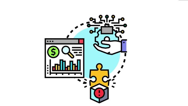 Business concept showing a hand providing a product into a network, with analytics data for market research and a puzzle piece representing solution integration
