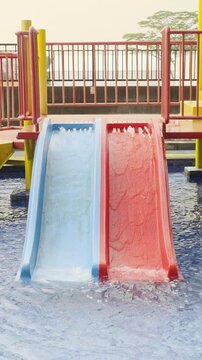 A colourful children's water playground (splash park) located in an outdoor swimming pool, situated on a rooftop setting with a modern glass-walled building in the background.