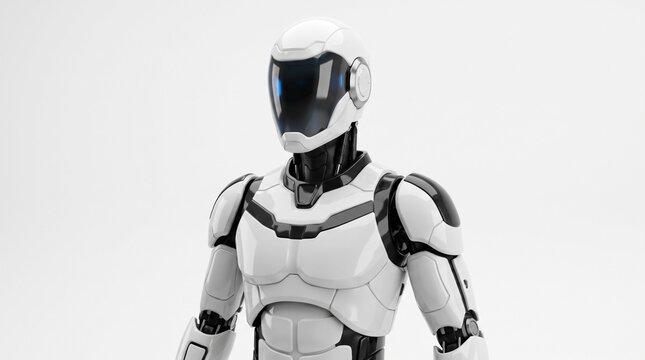 A sleek, futuristic humanoid robot with a white and black design and a blue visor, presented in a detailed, realistic 3D render
