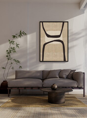 Fototapeta premium 3D render, illustration Fan Ventilation Large Luxury modern living room interior, brutalist architecture realistic lighting, Graphic Overlay wide angle, contemporary furniture, clean lines, minimal