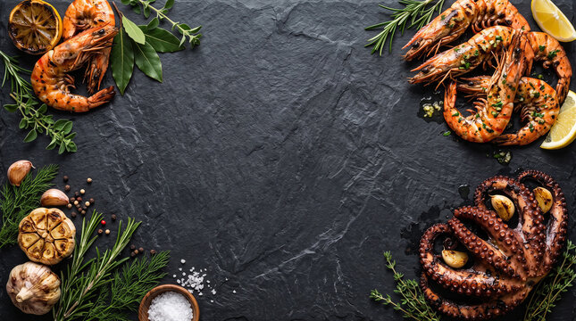 Grilled seafood and prawns on dark slate stone background. Top view empty mockup space for BBQ restaurant menu design.