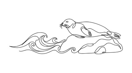 Obraz premium Seal Resting on Rock with Waves, Minimalist Line Art Isolated