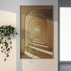 Fototapeta premium 3D render, illustration Fan Ventilation Large Luxury modern living room interior, brutalist architecture realistic lighting, Graphic Overlay wide angle, contemporary furniture, clean lines, minimal