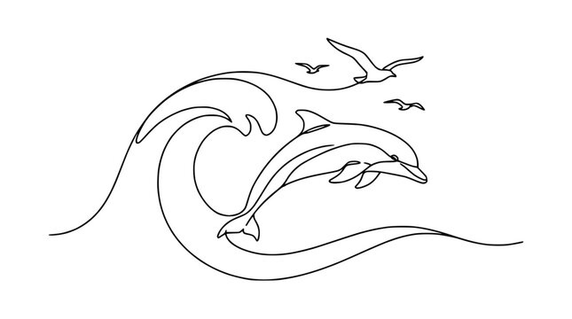 Single Line Drawing Dolphin Leaping Wave Seagulls Isolated Transparent Background