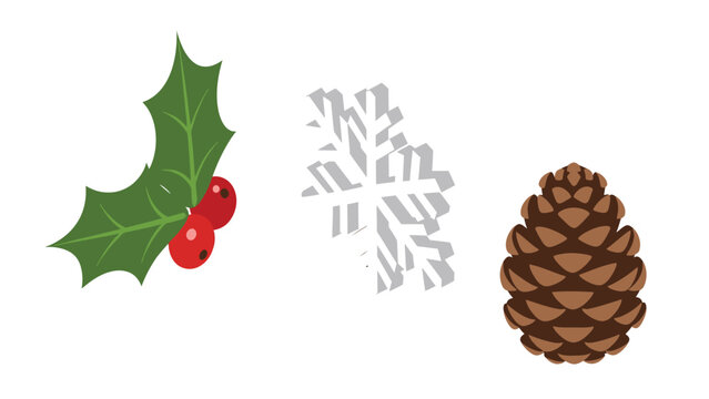 Christmas symbols of holly with berries, snowflake, and pine cone isolated on white background.