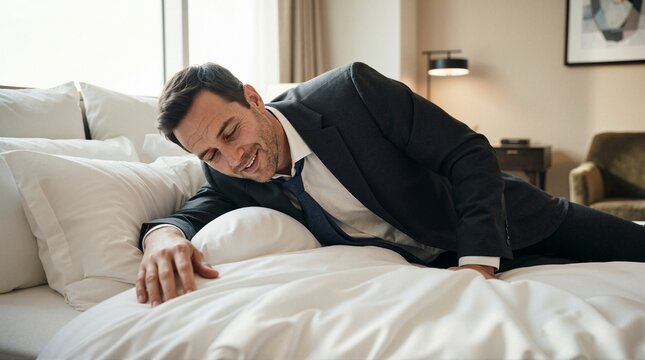 Exhausted businessman in a suit collapsing onto a hotel bed. Tired corporate professional resting after a long work trip. Jet lag and fatigue concept