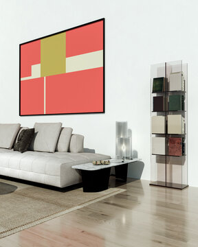 3D render, illustration  Fan Ventilation Large Luxury modern living room interior,  brutalist architecture realistic lighting,  Graphic Overlay wide angle, contemporary furniture, clean lines, minimal