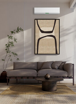 3D render, illustration  Fan Ventilation Large Luxury modern living room interior,  brutalist architecture realistic lighting,  Graphic Overlay wide angle, contemporary furniture, clean lines, minimal