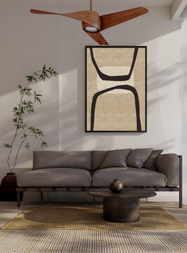 3D render, illustration  Fan Ventilation Large Luxury modern living room interior,  brutalist architecture realistic lighting,  Graphic Overlay wide angle, contemporary furniture, clean lines, minimal