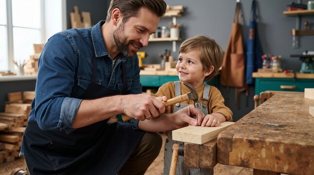 Smiling dad showing his kid how to use a hammer. Father and son woodworking together at a workbench. Family bonding and DIY learning concept