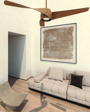 3D render, illustration  Fan Ventilation Large Luxury modern living room interior,  brutalist architecture realistic lighting,  Graphic Overlay wide angle, contemporary furniture, clean lines, minimal