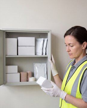 Safety Coordinator Inspects Workplace First Aid Cabinet Supplies