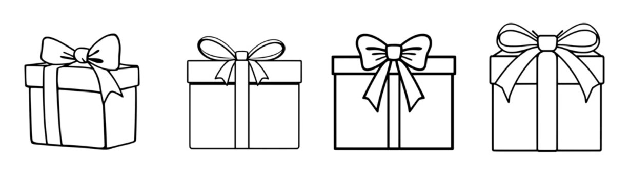 Collection of four hand drawn wrapped gift boxes featuring decorative bows and varied ribbon designs isolated on a white background