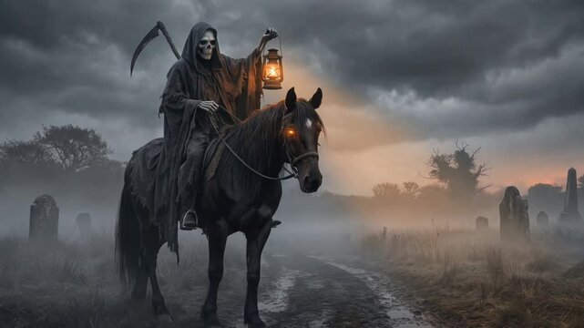 Grim Reaper with scythe riding black horse through foggy cemetery at dusk. Death skeleton holding glowing lantern in misty graveyard. Halloween horror concept